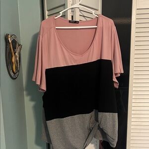 SHEIN Pink, Black, and Gray Colorblock V-Neck Top